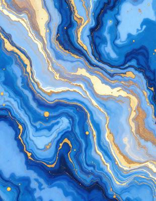 The primary subject of the image is a blue and gold swirling pattern, which appears to be a piece of art or a decorative item. The setting is a blue and gold background, which complements the artwork. The visual style is a combination of digital art and illustration, creating a unique and eye-catching design. The dominant colors are blue and gold, giving the artwork a rich and luxurious appearance.