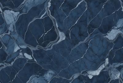 The primary subject of the image is a blue marble tile with a pattern of white and grey veins. The setting is a bathroom, and the visual style is a close-up of the tile. The dominant colors are blue and grey, creating a calm and soothing atmosphere.