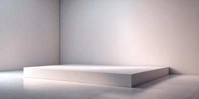 The primary subject of the image is a white bench. The setting is a white room with a white wall, creating a clean and minimalist atmosphere. The visual style is a photo, capturing the bench in its surroundings. The colors and mood are predominantly white, giving the scene a calm and serene feel.