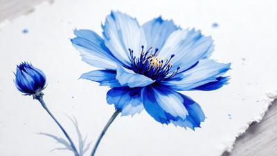 The primary subject of the image is a blue flower with a yellow center. The setting is a white background, which provides a clean and minimalistic look. The visual style is a combination of a photo and a drawing, creating a unique and artistic representation of the flower. The dominant colors are blue and yellow, giving the image a calm and serene atmosphere.