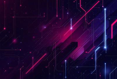 The primary subject of the image is a complex and intricate pattern of pink and purple lines, which create a visually striking and futuristic design. The setting is a dark, purple background that contrasts with the brightly colored lines. The visual style is a combination of digital art and illustration, with the lines appearing to be both drawn and computer-generated. The colors and mood of the image are predominantly pink and purple, giving it a vibrant and energetic atmosphere.