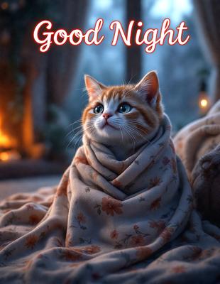 The primary subject of the image is a cute orange and white cat. The cat is sitting on a bed, wrapped in a blanket, and appears to be looking at the camera. The setting is indoors, with a bed visible in the background. The visual style is a digital art, as the image is a painting of a cat. The dominant colors are orange and white, giving the image a warm and cozy atmosphere.