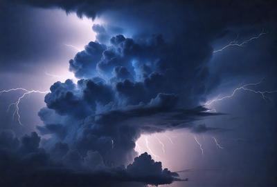 The primary subject of the image is a cloudy sky with a lightning bolt streaking through it. The setting is a dark, cloudy sky, and the visual style appears to be a photo. The colors and mood of the image are dramatic and intense, with the lightning bolt adding a sense of danger and excitement to the scene.