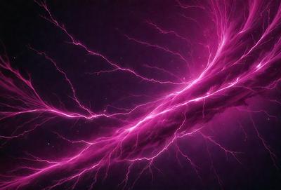 The primary subject of the image is a bright pink lightning bolt, which is the main object, scene, or focus of the image. The setting or background of the image is a dark sky, which adds to the dramatic atmosphere. The visual style of the image is a digital art or illustration, as it is a well-defined and detailed lightning bolt. The colors and mood of the image are predominantly pink, which gives it a vibrant and energetic feel.