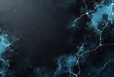 The primary subject of the image is a blue background with a black and white pattern. The setting is a dark, moody environment, and the visual style is a combination of digital art and illustration. The dominant colors are blue and black, creating a dramatic and atmospheric mood.