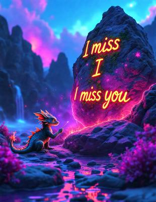 The primary subject of the image is a small dragon sitting on a rock. The setting is a purple and pink landscape, with a waterfall in the background. The visual style is digital art, and the colors and mood are vibrant and whimsical.
