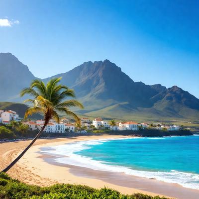Primary subject: Palm tree on a beach.
Setting/background: A beach with a mountain in the background.
Visual style: Photo.
Colors and mood: The photo is in color, and the atmosphere is serene and relaxing.