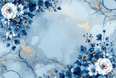 The primary subject of the image is a blue and gold floral pattern. The setting is a blue and gold background, which creates a visually appealing contrast with the floral pattern. The visual style is a combination of digital art and illustration, giving the image a unique and artistic appearance. The dominant colors are blue and gold, creating a calm and serene atmosphere.