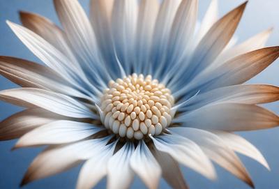 The primary subject of the image is a white flower with a yellow center, surrounded by blue petals. The setting is a blue background, which adds a sense of depth and contrast to the scene. The visual style is a close-up of the flower, showcasing its details and textures. The colors and mood of the image are predominantly white, blue, and yellow, creating a serene and calming atmosphere.