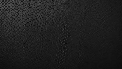 The primary subject of the image is a close-up of a black leather surface. The setting is a black background, which creates a striking contrast with the leather. The visual style is a realistic representation of the leather, showcasing its texture and appearance. The colors and mood of the image are predominantly dark, with the black leather being the main focus.