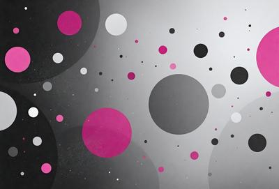 The primary subject of the image is a collection of pink and black circles, which are scattered throughout the scene. The setting appears to be a gray background, which contrasts with the vibrant colors of the circles. The visual style of the image is a combination of digital art and illustration, creating a unique and eye-catching pattern. The dominant colors in the image are pink and black, giving the scene a bold and striking appearance.