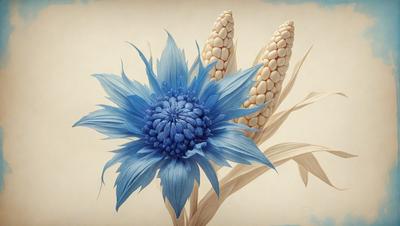 The primary subject of the image is a blue flower with a white center, surrounded by green leaves. The setting is a white background, which provides a clean and minimalist appearance. The visual style is a combination of digital art and illustration, creating a vibrant and detailed representation of the flower. The dominant colors are blue and white, with the green leaves adding a touch of freshness to the scene. The overall atmosphere is one of beauty and natural elegance.