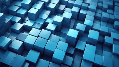The primary subject of the image is a blue, three-dimensional grid of cubes. The setting is a blue background, and the visual style is a digital art or illustration. The dominant colors are blue and white, creating a calm and serene atmosphere.