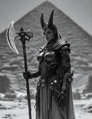 The primary subject of the image is a woman dressed in a medieval-style costume, holding a large sword. She is standing in front of a pyramid, which serves as the setting and background of the scene. The visual style of the image is digital art, with the woman's costume and the pyramid being the main focus of the composition. The colors and mood of the image are dark and dramatic, with the woman's costume and the pyramid creating a sense of mystery and intrigue.