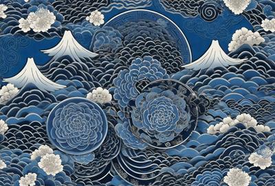 The primary subject of the image is a beautifully designed blue and white vase with a flower pattern. The vase is placed on a blue surface, which adds to the overall visual style. The setting appears to be a cloudy sky, which creates a serene and calming atmosphere. The colors and mood of the image are predominantly blue and white, giving it a peaceful and elegant appearance.