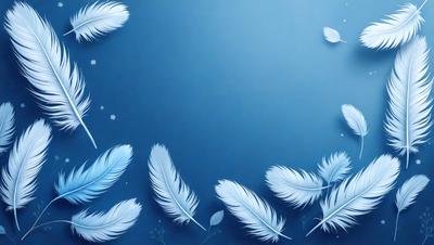The primary subject of the image is a collection of white feathers, which are arranged in a visually appealing manner. The setting is a blue background, which provides a contrasting and complementary color to the white feathers. The visual style of the image is a combination of digital art and illustration, creating a unique and artistic representation of the feathers. The colors and mood of the image are predominantly white and blue, giving it a serene and calming atmosphere.