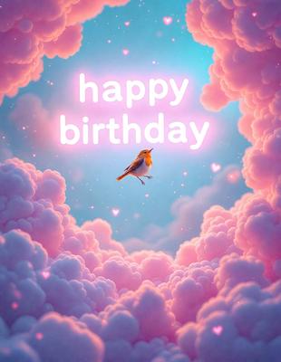 The primary subject of the image is a small bird, which is perched on a cloud. The bird is surrounded by a pink and white background, giving the scene a warm and cheerful atmosphere. The visual style of the image is a digital art or illustration, with the bird and clouds depicted in a detailed and vibrant manner. The colors and mood of the image are predominantly pink and white, creating a sense of happiness and celebration.