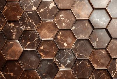 The primary subject of the image is a marble wall with a mosaic pattern. The setting is a room with a brown marble wall, and the visual style is a close-up of the wall. The colors and mood of the image are predominantly brown, giving it a warm and natural atmosphere.