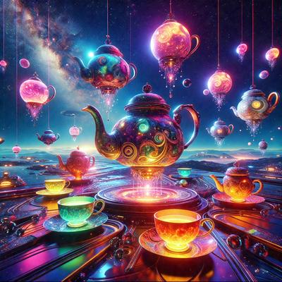 The primary subject of the image is a colorful tea set, which includes a teapot and several cups. The tea set is placed on a table, and the setting appears to be a futuristic or fantasy-themed environment. The visual style of the image is digital art, and the dominant colors are bright and vibrant, creating a lively and whimsical atmosphere.