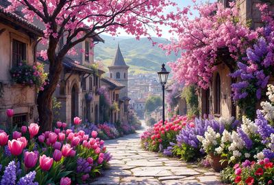 The primary subject of the image is a narrow alleyway lined with purple flowers, including tulips and cherry blossoms. The setting is a quaint village with a cobblestone road, and the visual style is a photo. The colors and mood of the image are predominantly purple, creating a serene and peaceful atmosphere.