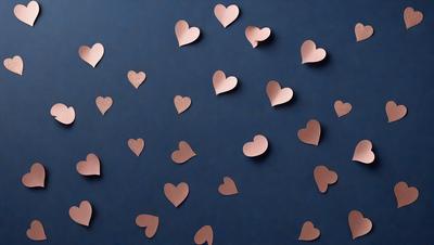The primary subject of the image is a collection of hearts, which are pink and made of paper. They are arranged in various positions and sizes, creating a visually appealing pattern. The hearts are placed on a blue background, which adds a contrasting color to the scene. The visual style of the image is a combination of digital art and illustration, as the hearts are carefully crafted and placed to create a cohesive and aesthetically pleasing design. The overall atmosphere of the image is warm, inviting, and