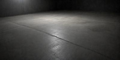 The primary subject of the image is a large, empty room with a concrete floor. The setting is a dark room, possibly a basement, with a cement surface. The visual style is a black and white photo, giving the image a classic and timeless appearance. The colors and mood of the image are predominantly dark and moody, with the concrete floor and the overall atmosphere of the room contributing to this feeling.