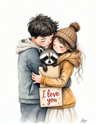 The primary subject of the image is a man and a woman hugging each other while holding a box. The setting is a white background, and the visual style is a hand-drawn illustration. The colors are predominantly warm and inviting, creating a cozy and affectionate atmosphere.