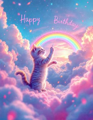 The primary subject of the image is a cat, which is depicted in a whimsical and playful manner. The cat is holding a wand and appears to be painting a rainbow in the sky. The setting is a cloudy background, which adds to the overall atmosphere of the image. The visual style is a combination of digital art and illustration, creating a vibrant and imaginative scene. The dominant colors in the image are pink, purple, and white, which contribute to the overall mood of the picture