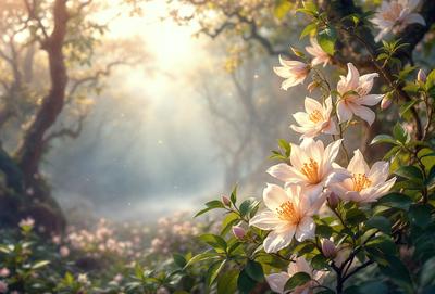 Primary subject: Flowers
Setting/background: Forest
Visual style: Digital art
Colors and mood: White and yellow flowers, with a sunny and bright atmosphere.