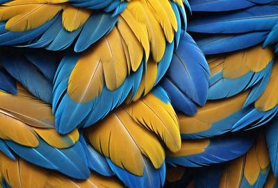 The primary subject of the image is a close-up of a bird's feathers, showcasing the vibrant colors and intricate patterns of the plumage. The setting is a blue background, which contrasts with the bird's feathers, drawing attention to the details of the feathers. The visual style is a close-up, which allows the viewer to appreciate the intricate patterns and textures of the bird's feathers. The colors and mood of the image are predominantly blue,
