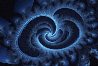 The primary subject of the image is a blue spiral pattern, which appears to be a digital art or illustration. The setting is a dark blue background, creating a moody atmosphere. The visual style suggests that the image is a digital art or illustration, rather than a photo or a traditional drawing. The colors and mood of the image are predominantly dark and mysterious, with the blue spiral pattern being the main focal point.