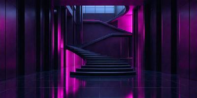 The primary subject of the image is a spiral staircase with purple walls. The setting is a dark room with a purple glow, creating a moody atmosphere. The visual style is a combination of photo and digital art, giving the image a unique and artistic appearance. The dominant colors are purple and black, with the purple walls and the dark room creating a striking contrast.