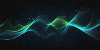 The primary subject of the image is a series of green and blue waves, which are displayed in a digital art style. The setting is a dark background, and the visual style is a combination of digital art and illustration. The dominant colors in the image are green and blue, creating a calm and soothing atmosphere.