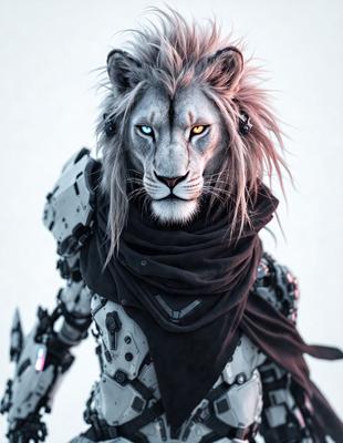 The primary subject of the image is a lion with a white mane, wearing a black scarf. The lion is standing in front of a white background, which creates a contrast with the lion's fur. The visual style of the image is a combination of photo and digital art, as it appears to be a photo of a lion with a digital art background. The colors and mood of the image are predominantly white and black, giving it a dramatic and striking appearance.