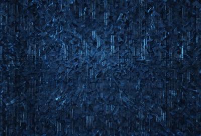 The primary subject of the image is a blue background with a pattern of black and white squares. The setting appears to be a dark room, and the visual style is a combination of digital art and illustration. The dominant colors are blue and black, creating a moody and dramatic atmosphere.