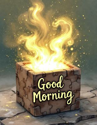 The primary subject of the image is a wooden box with a fire-like pattern on it. The box is placed on a surface, and the setting appears to be a room. The visual style of the image is a combination of digital art and illustration, creating a unique and eye-catching design. The dominant colors in the image are yellow and orange, giving the scene a warm and inviting atmosphere.