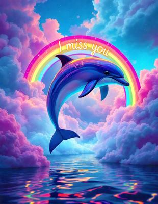 The primary subject of the image is a blue dolphin. The dolphin is flying through a pink and blue sky, surrounded by clouds. The setting appears to be a whimsical, colorful environment. The visual style of the image is digital art, as it is a colorful and vibrant illustration. The dominant colors in the image are pink, blue, and white, creating a cheerful and lively atmosphere.