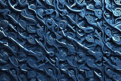 The primary subject of the image is a blue wall with a pattern of black and white carvings. The setting is a room with a blue background, and the visual style appears to be a combination of digital art and illustration. The dominant colors are blue and black, creating a calm and serene atmosphere.