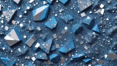 The primary subject of the image is a blue and silver glittery surface, which appears to be a blue background with glittery blue and silver shapes on it. The setting is a close-up of the glittery surface, showcasing the intricate patterns and textures. The visual style is a combination of digital art and illustration, creating a unique and eye-catching design. The colors and mood of the image are predominantly blue and silver, giving it a shiny and reflective appearance.
