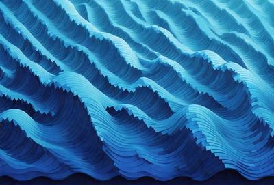 The primary subject of the image is a blue, wavy surface that resembles a wave or a ripple. The setting is a blue background, and the visual style appears to be a digital art or illustration. The dominant colors are blue and white, creating a calm and serene atmosphere.