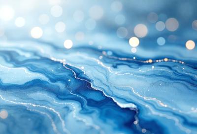 The primary subject of the image is a blue and white ocean scene. The setting is a blue ocean with a few white stars scattered throughout the water. The visual style is a digital art or illustration, creating a vibrant and dynamic atmosphere. The dominant colors are blue and white, with the blue ocean and white stars creating a serene and calming mood.