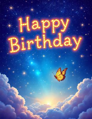 Happy Birthday: [The main object, scene, or focus of the image is a butterfly flying in the sky, with the words "Happy Birthday" written above it.]

Setting/background: [The environment, backdrop, or surface visible in the image is a night sky filled with stars.]

Visual style: [The image is a digital art or illustration.]

Colors and mood: [The dominant colors in the image are blue and white, with a warm and celebratory