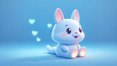The primary subject of the image is a small, white, and pink cartoon bunny. The bunny is sitting on a blue surface, which serves as the setting for the scene. The visual style of the image is digital art, as it is a cartoon character. The dominant colors in the image are blue and white, creating a calm and soothing atmosphere.