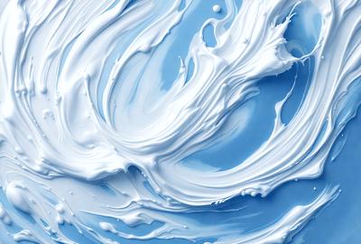 The primary subject of the image is a close-up of a white substance, possibly a cream or a frosting, with a blue background. The visual style appears to be a photo, as the colors and details are captured in a realistic manner. The dominant colors are white and blue, creating a clean and fresh atmosphere.