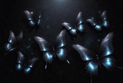The primary subject of the image is a group of blue butterflies. They are flying in a dark, starry night sky, creating a sense of mystery and beauty. The setting is a nighttime environment, with the butterflies flying against a backdrop of stars. The visual style of the image is a combination of photo and digital art, creating a surreal and dreamlike atmosphere. The dominant colors in the image are blue and black, with the blue butterflies standing out against the dark sky.