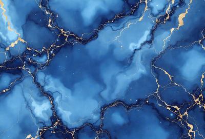 The primary subject of the image is a blue and gold marbled surface, which appears to be a painting or a digital artwork. The setting is a blue and gold marbled wall, and the visual style is a combination of painting and digital art. The dominant colors in the image are blue and gold, creating a rich and luxurious atmosphere.