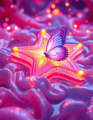 The primary subject of the image is a purple butterfly, which is sitting on top of a pink star. The setting is a purple background, and the visual style appears to be a combination of digital art and illustration. The colors and mood of the image are predominantly purple and pink, creating a warm and inviting atmosphere.