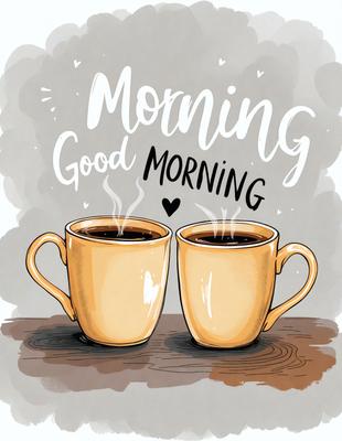 The primary subject of the image is a pair of coffee cups, each filled with coffee, placed on a wooden table. The setting is a cozy and warm environment, perfect for enjoying a morning cup of coffee. The visual style is a hand-drawn illustration, giving the image a unique and artistic touch. The colors and mood are predominantly warm and inviting, with the coffee cups and the wooden table creating a sense of comfort and relaxation.