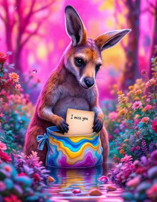 The primary subject of the image is a kangaroo holding a note that says "I miss you." The setting is a pink and purple flower garden, with the kangaroo sitting in a colorful bucket. The visual style is a digital art illustration, creating a whimsical and heartwarming scene. The dominant colors are pink, purple, and yellow, giving the image a cheerful and loving atmosphere.