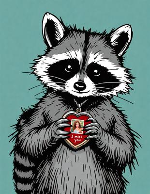 The primary subject of the image is a cartoon-like drawing of a raccoon holding a heart with a picture of a woman inside. The setting is a blue background, and the visual style is a comic or cartoon illustration. The colors are predominantly black and white, with the heart being red. The overall atmosphere is light-hearted and playful.